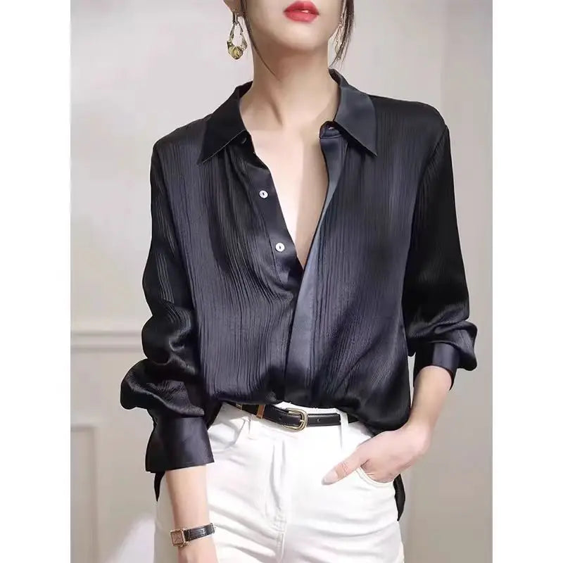 Women's Shirts Spring New Black Satin Texture Loose Long-sleeved Blouse Elegant Office Lady Work Wear Fashion Female Clothing — image 1