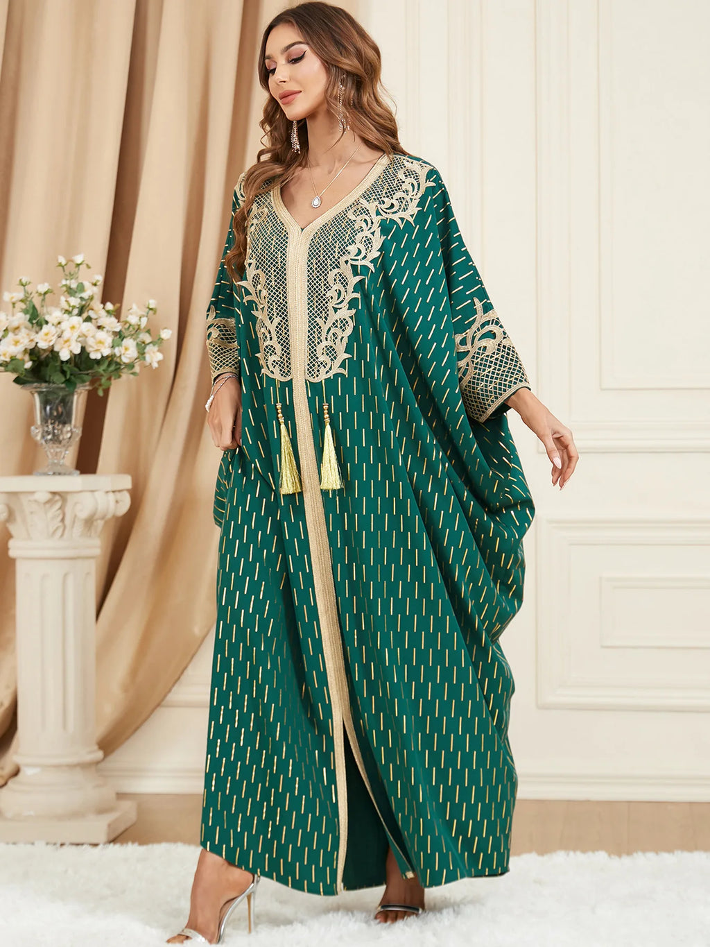 Muslim Dresses Women Elegant Long Robe Middle East Dubai Loose Abaya Bat Sleeve V-neck Tassel Evening Dress Femme Party Vestidos — image 15