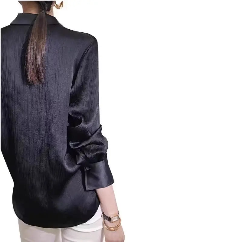 Women's Shirts Spring New Black Satin Texture Loose Long-sleeved Blouse Elegant Office Lady Work Wear Fashion Female Clothing — image 5