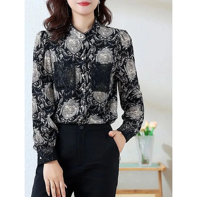 Shirts for Women in Spring Autumn New Style Printed Satin Stylish Slim Fashion Commuting Simple — image 2