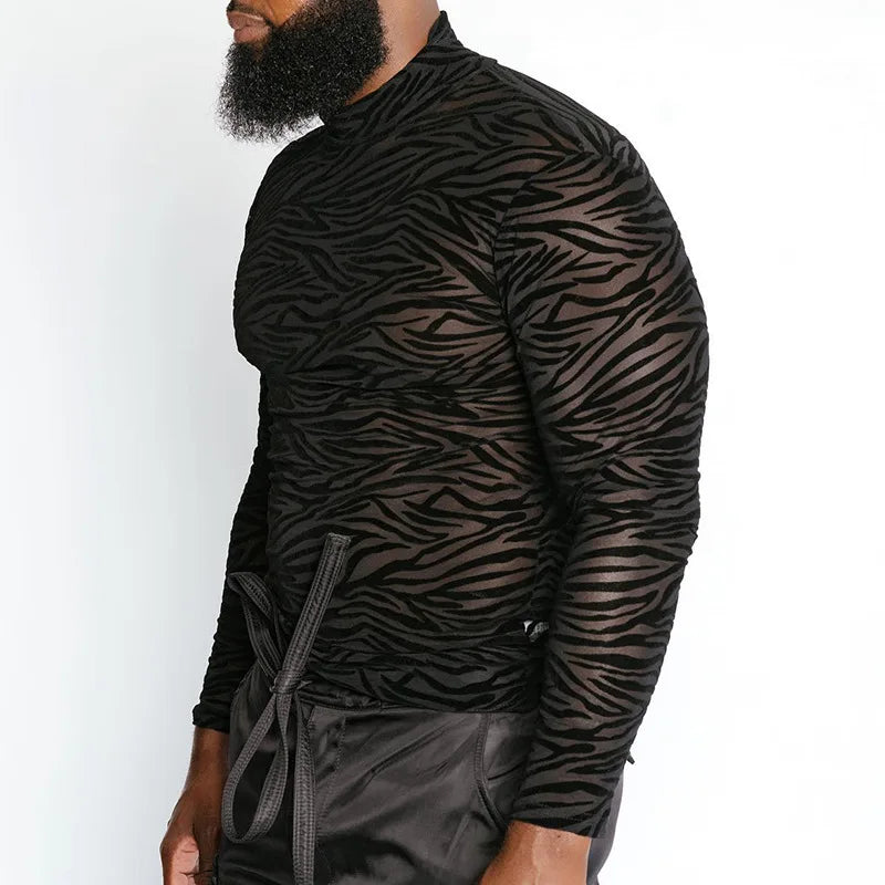 Men's T Shirt Perspective Turtleneck Long-sleeved Lace Tight Fitting T-shirt for Men Streetwear Bottoming Shirt Inside Male Tops — image 12
