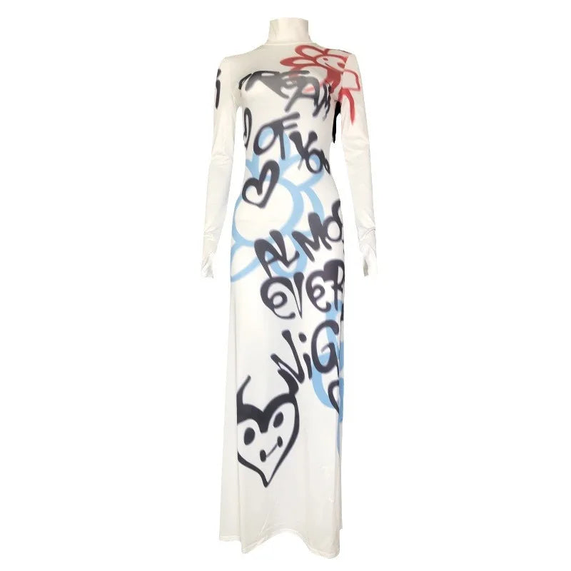 Women's Clothing 2025 New Fashion Fashionable High-neck Color-blocked Graffiti Long-sleeved Hip-hugging Close-fitting Long Dress — image 6