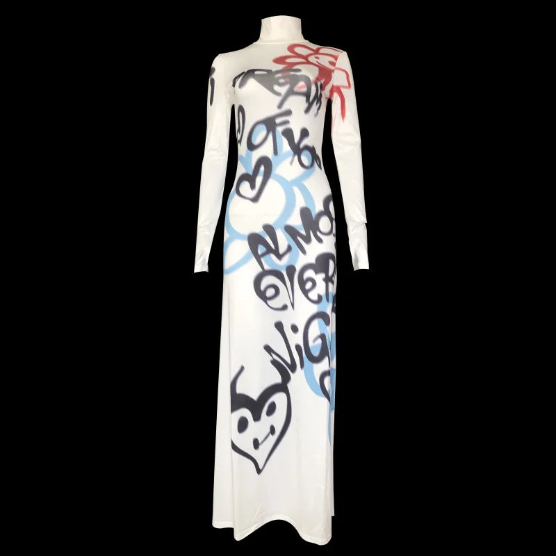 Women's Clothing 2025 New Fashion Fashionable High-neck Color-blocked Graffiti Long-sleeved Hip-hugging Close-fitting Long Dress — image 14