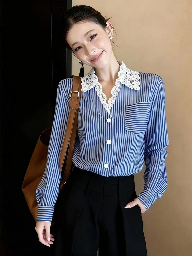 Women's Shirt Fashion Spring and Summer High-grade Lapel Design Striped Shirt Feminine Joker Cardigan Loose top Striped Shirt — image 11