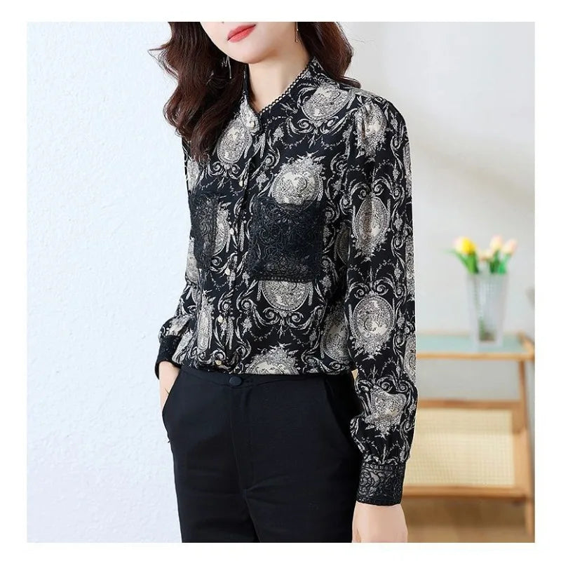 Shirts for Women in Spring Autumn New Style Printed Satin Stylish Slim Fashion Commuting Simple — image 5