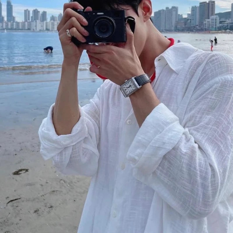 Men's Shirt Premium Thin White Loose Breathable Shirt Loose Long Sleeve Sun Protection Tees Lightweight Vacation Pockets Shirts — image 6