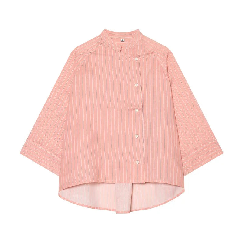 Women's Pink Striped Shirts Summer Asymmetric Button Mid Sleeve Loose Fit Shirts Casual Office Look Vintage Elegant Female Tops — image 7