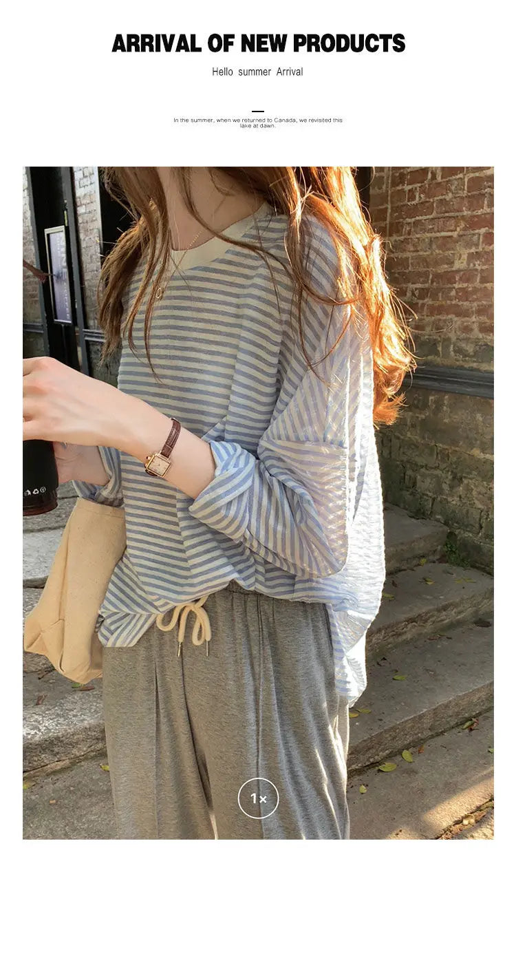 Women's Clothing  Casual T Shirt Summer 2025 Long-sleeved Fashion Korean Style Loose Striped Sunscreen Casual T Shirt — image 7