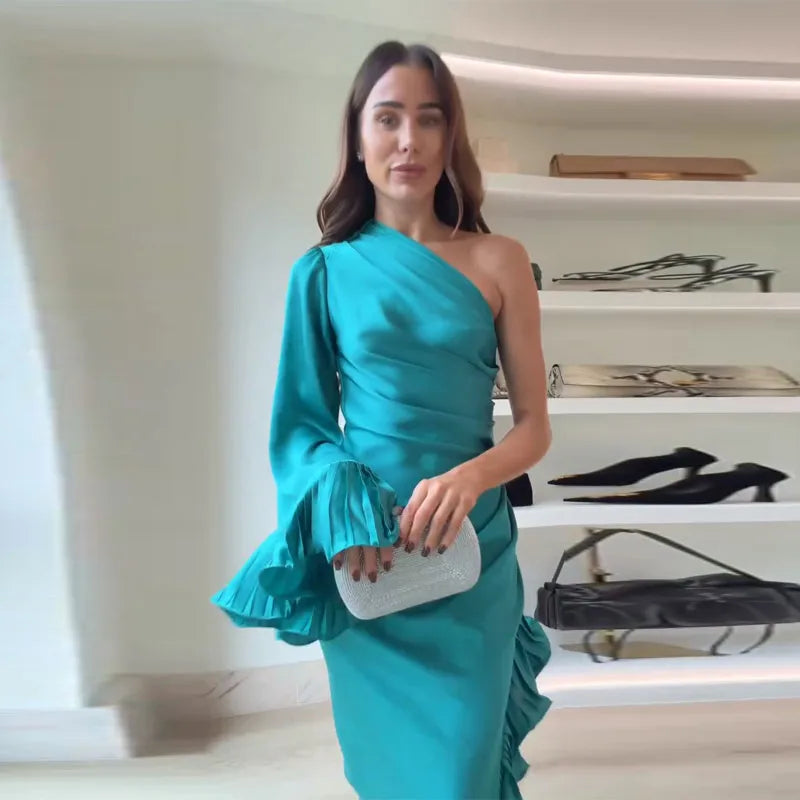 Women's Dresses Elegant Party Dress Satin One-Shoulder Ruffled Midi Dress Sexy Elegant Formal Gown Woman Clothes New Outerwear — image 15