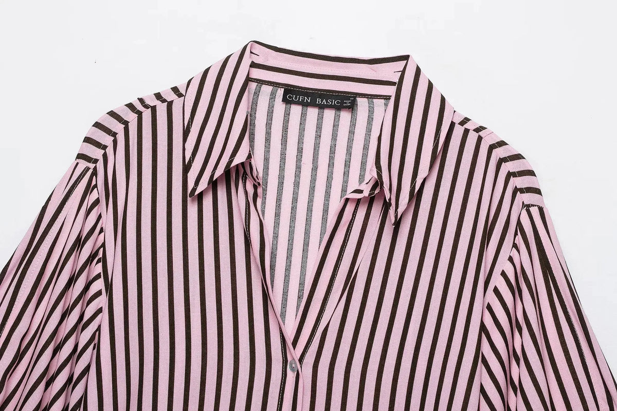 Women Striped Shirts For Women Vintage Elegant Puff Sleeve Summer New High Street Clothes Leisure Single-breasted Lapel Blouse — image 10