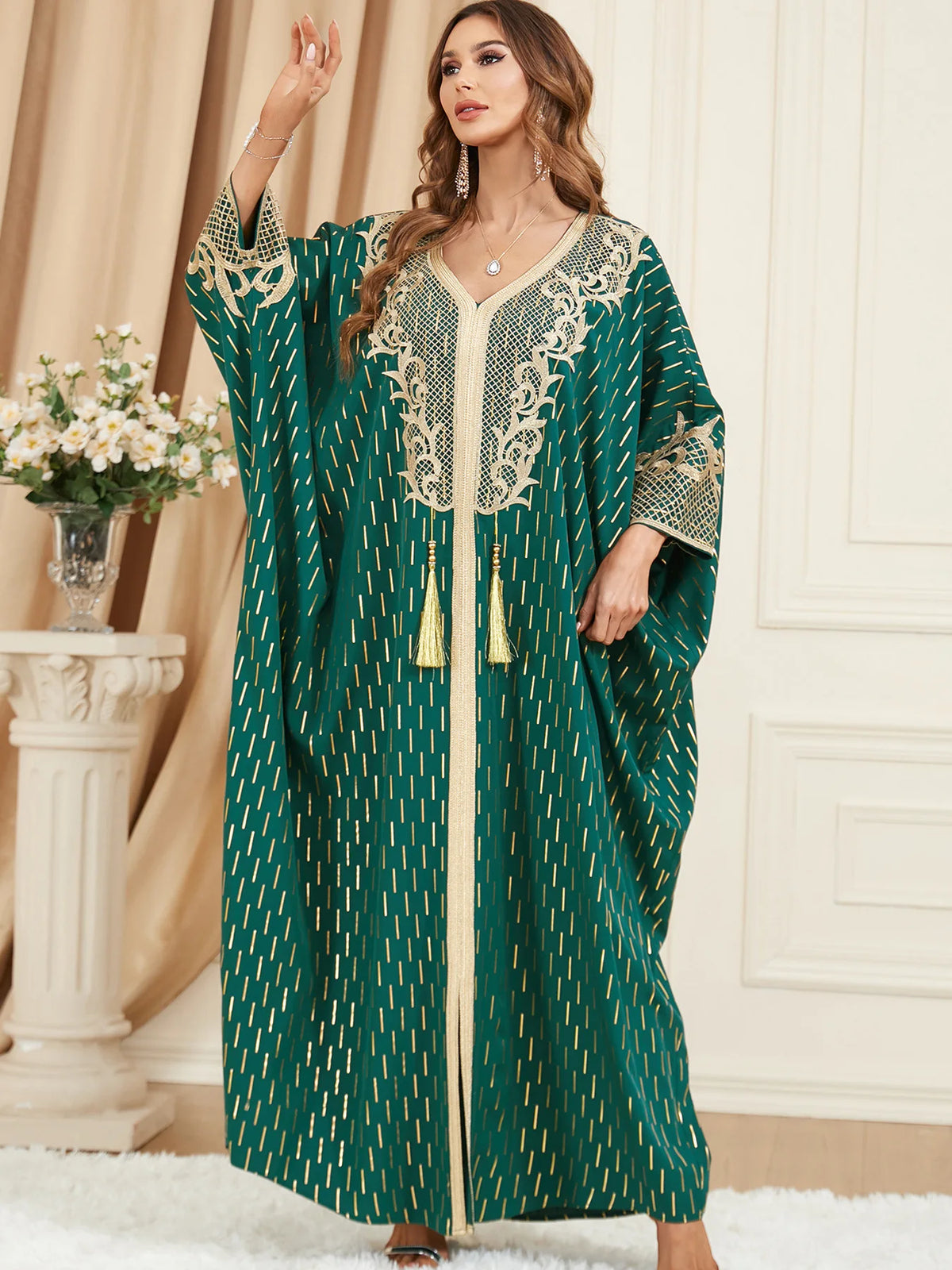 Muslim Dresses Women Elegant Long Robe Middle East Dubai Loose Abaya Bat Sleeve V-neck Tassel Evening Dress Femme Party Vestidos — image 11
