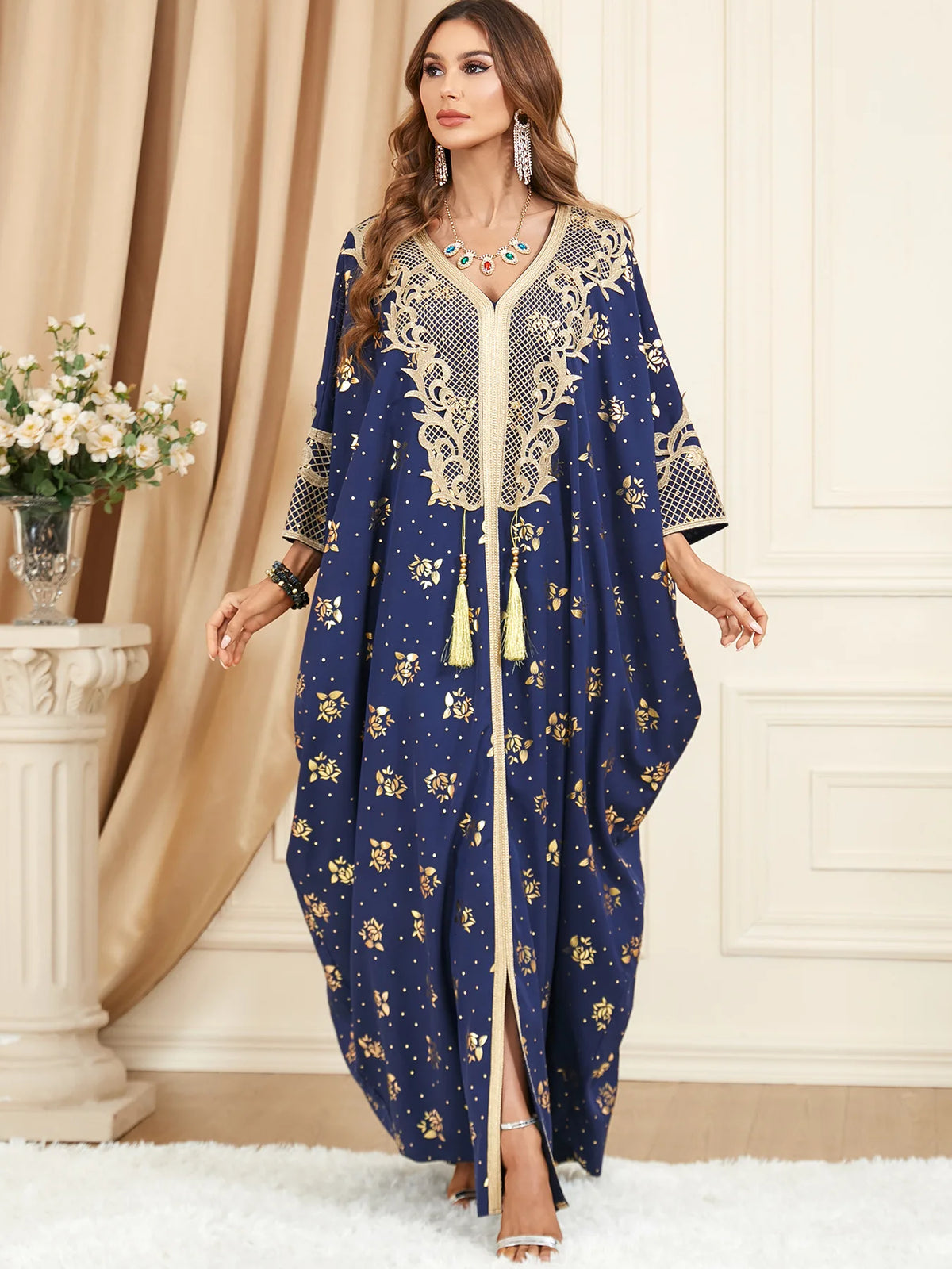 Muslim Dresses Women Elegant Long Robe Middle East Dubai Loose Abaya Bat Sleeve V-neck Tassel Evening Dress Femme Party Vestidos — image 20