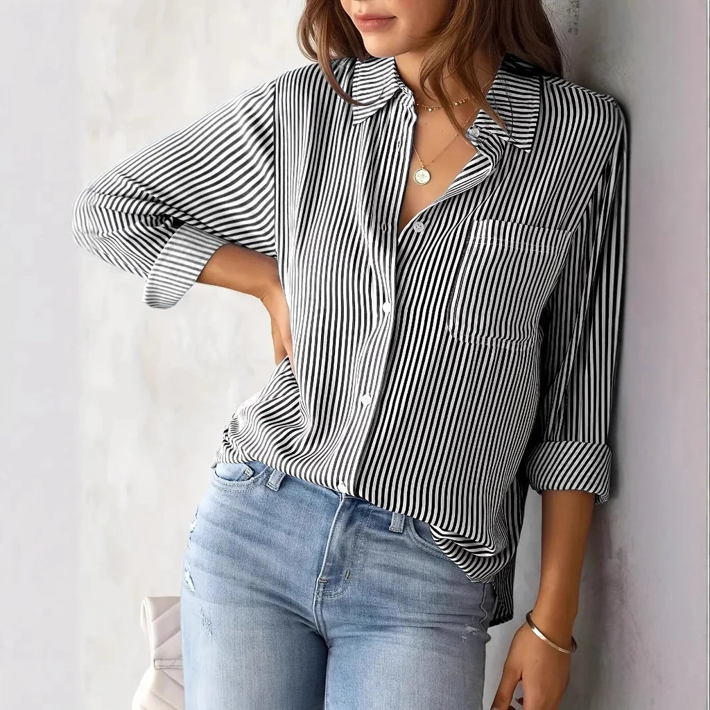 Women's Plus Size Shirt - Fashionable, Elegant, Commuter Bestseller, Classic Striped Top, Loose and Casual Long Sleeve Shirt — image 1