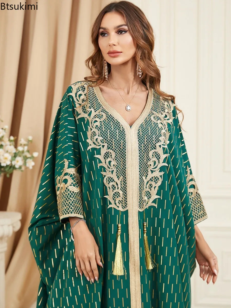 Muslim Dresses Women Elegant Long Robe Middle East Dubai Loose Abaya Bat Sleeve V-neck Tassel Evening Dress Femme Party Vestidos — image 2