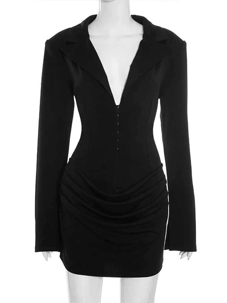 Women's Evening Dresses Deep V-neck Short Pleat Bodycon Dress Autumn 2025 Female Lapel Long Sleeves Waist Cinching New Partywear — image 12