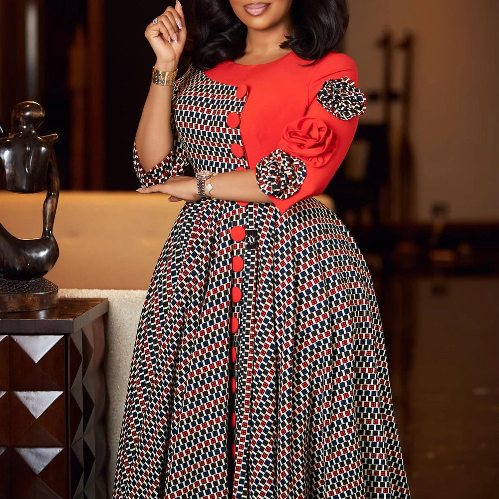 Elegant Dresses for Women 2025 Fall Fashion African 3/4 Sleeve Party Birthday New Robe Chic 3D Flower Plaid Evening A-Line Dress — image 1