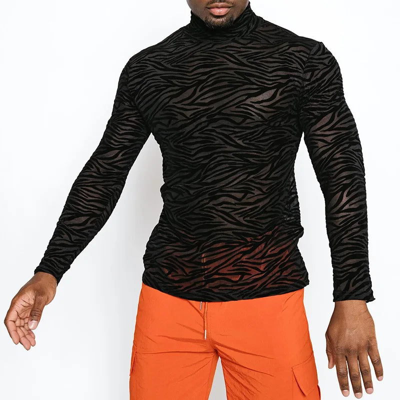 Men's T Shirt Perspective Turtleneck Long-sleeved Lace Tight Fitting T-shirt for Men Streetwear Bottoming Shirt Inside Male Tops — image 10