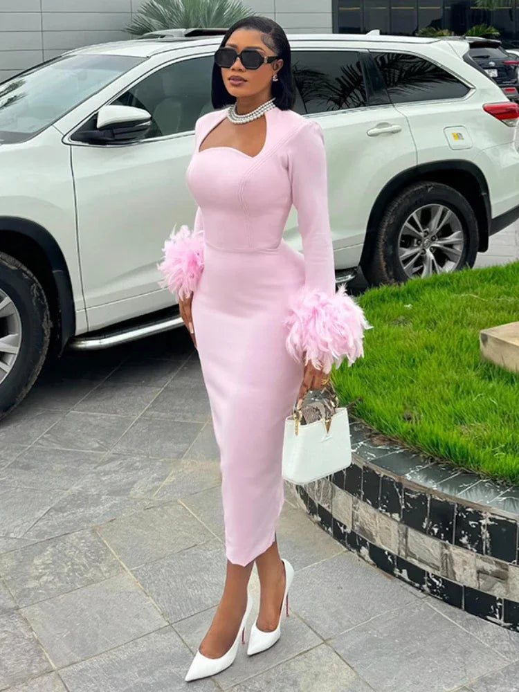 Women's Clothing 2024 Autumn New Item Sweet and Fresh Square Neck Long Sleeved Feather Decoration High Waist Slimming Dress — image 2
