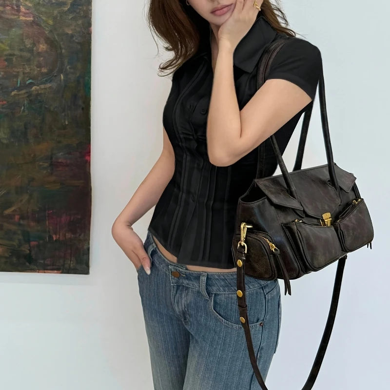 2026 New Short Sleeve Shirts for Women Slim Turn Down Collar Single Breasted Sexy Tops Fashion Versatile Personality Chic Shirt — image 6