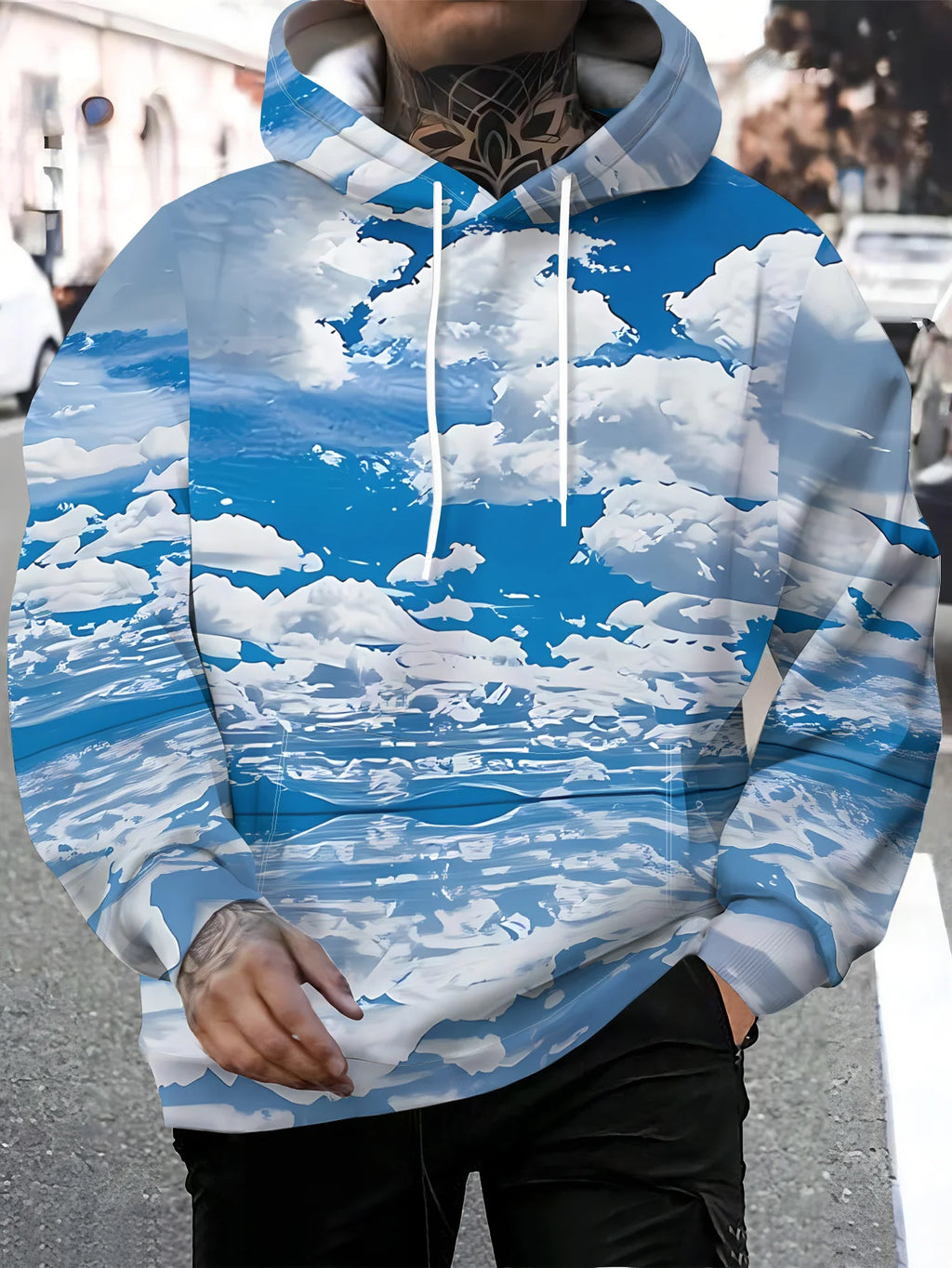 Men's Hoodie Autumn 3D Print Blue Sky White Cloud Ocean Wave Landscape Art Pullover Streetwear Casual Sweatshirt Men Clothing — image 2
