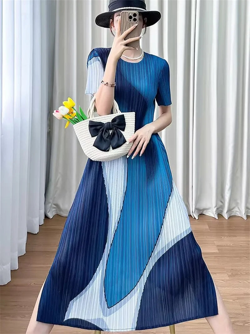 Womens Dresses Evening Dresses Summer Round Neck Color Matching Temperament Comfortable Dress Loose Design pleated loose dress — image 12