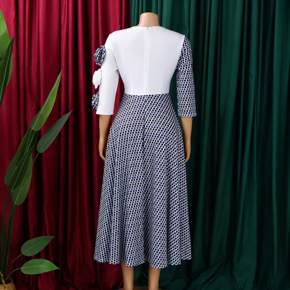 Elegant Dresses for Women 2025 Fall Fashion African 3/4 Sleeve Party Birthday New Robe Chic 3D Flower Plaid Evening A-Line Dress — image 16