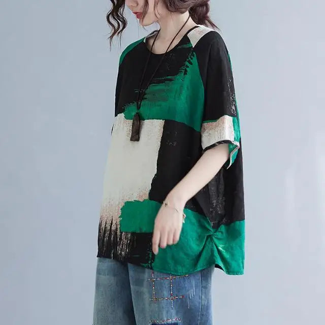 Women Clothing 2025 New Summer Clothing New Style Retro Loose Cotton Linen Short-sleeved T-shirt Top — image 3