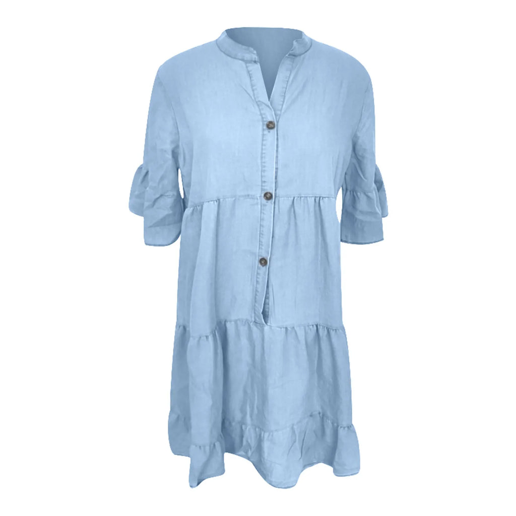 Dresses For Women 2025 Casual Women'S Solid Color Distressed Denim Midi Dress With 5/8 Sleeves Vestidos Elegantes Feminino — image 5