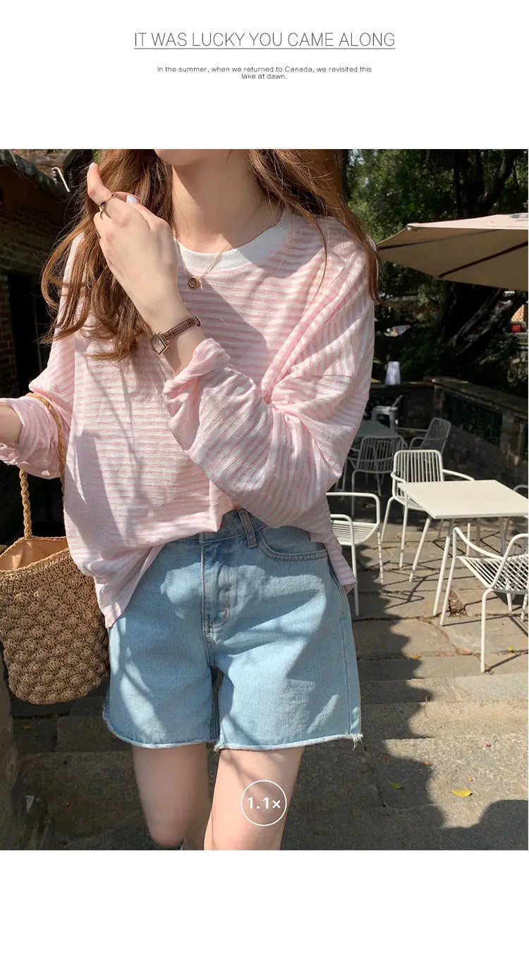 Women's Clothing  Casual T Shirt Summer 2025 Long-sleeved Fashion Korean Style Loose Striped Sunscreen Casual T Shirt — image 11