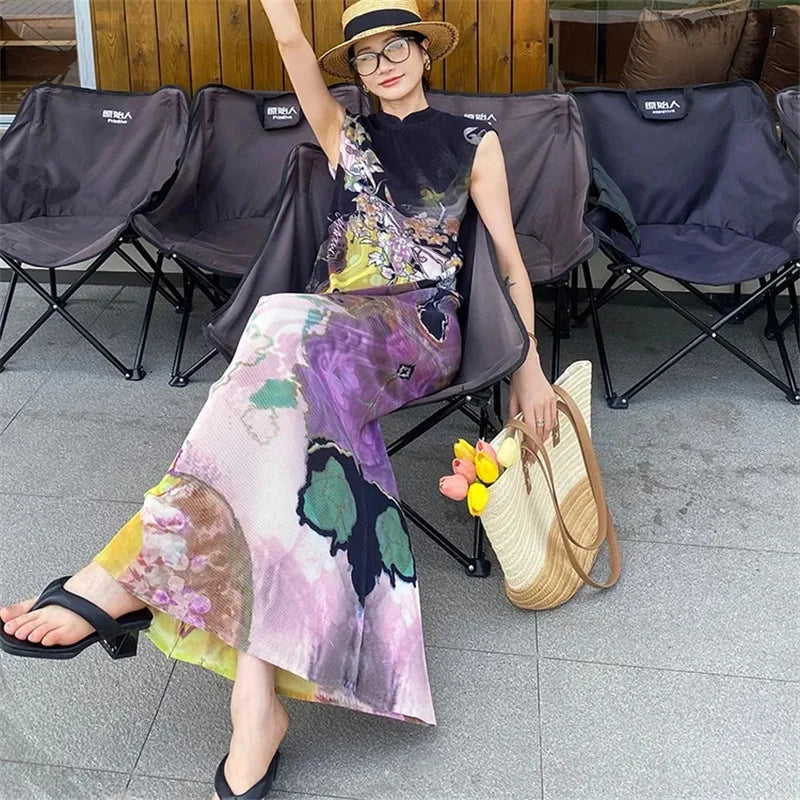 Womens Dresses Woman Clothes  Miyake High-grade Pleated Print Dress Chinese National Style Cheongsam Skirt Fishtail Skirt Summer — image 2
