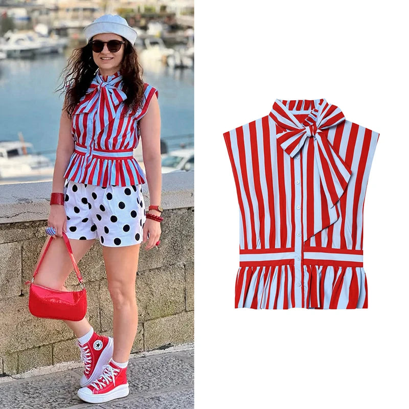 Women's Shirt 2026 New Summer Fitted Waist Bowknot Sleeveless Striped Shirt for Women Elegant Chic Personality Ladies Shirt — image 1
