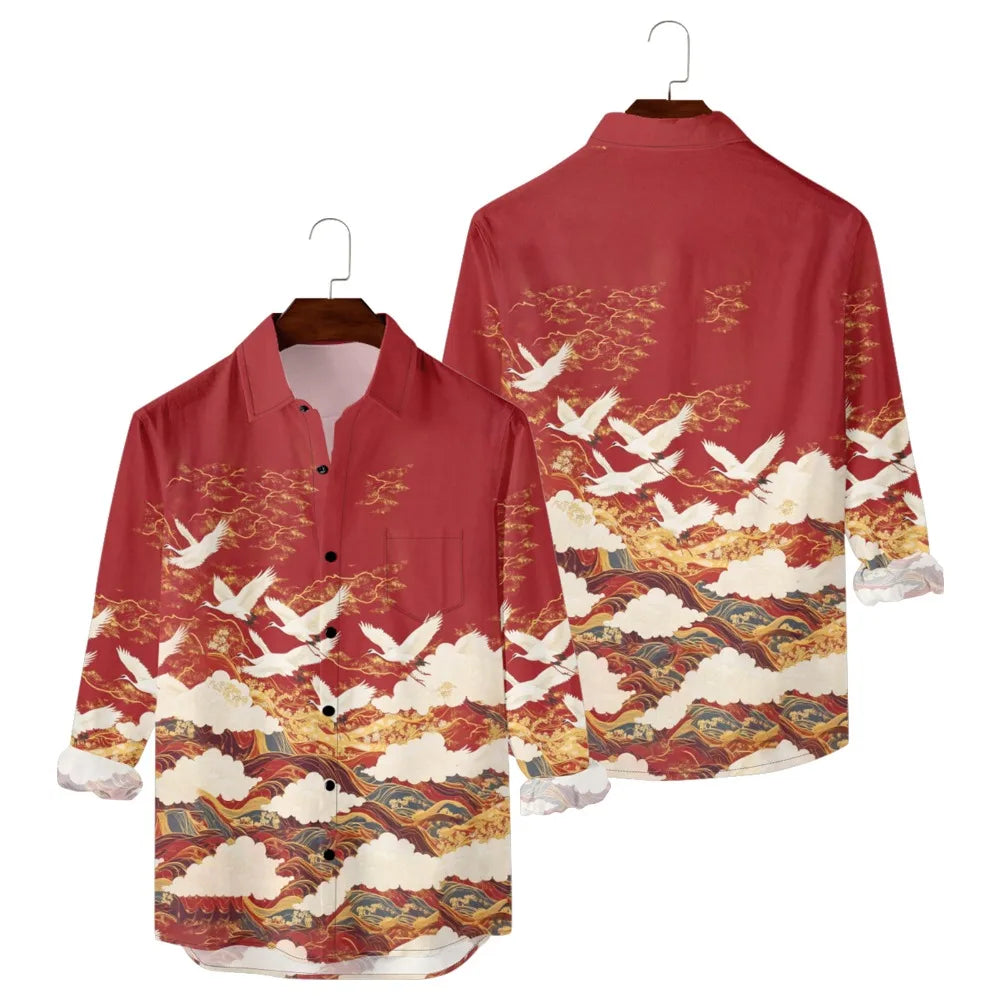 Hawaiian Men Shirts Cultural Crane Clouds Wave Printed Full Sleeve Button Up Casual Vacay Beach Parties Travel Poolside Shirt — image 8