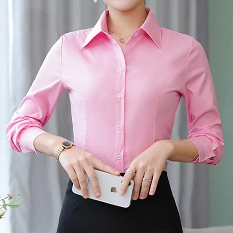 Elegant Women Shirts Woman White Shirt Long Sleeve Blouse Office Lady business Pink Shirts Button Solid Women work Blouses Tops — image 4