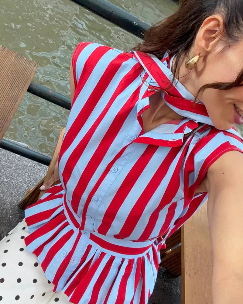 Women's Shirt 2026 New Summer Fitted Waist Bowknot Sleeveless Striped Shirt for Women Elegant Chic Personality Ladies Shirt — image 2