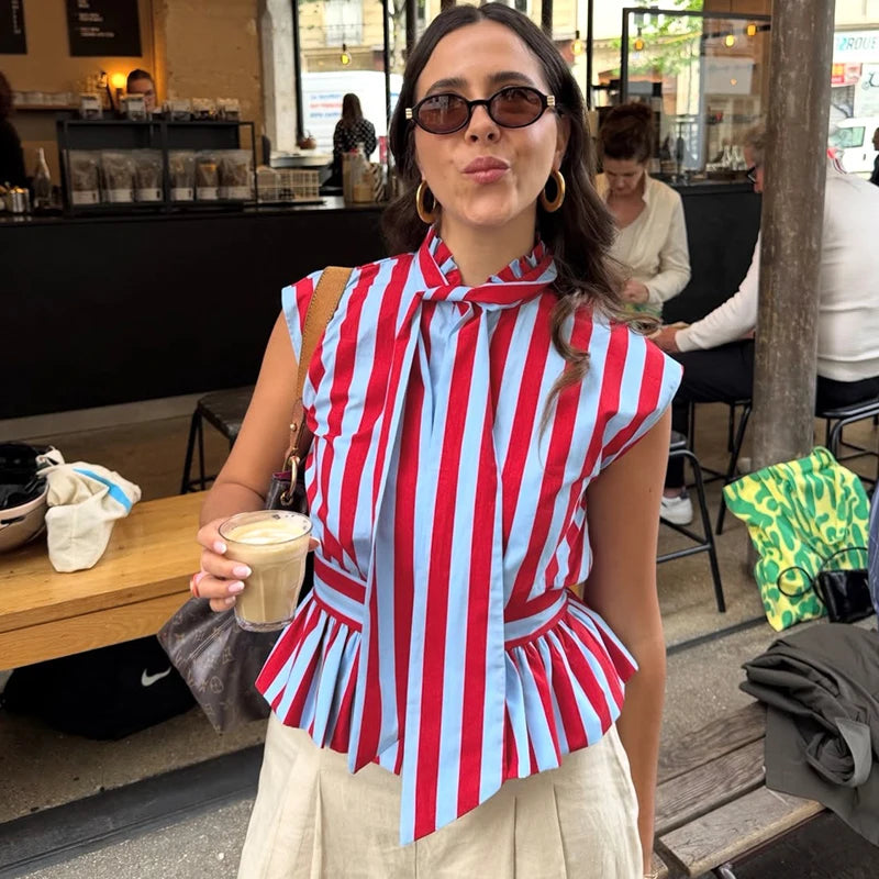 Women's Shirt 2026 New Summer Fitted Waist Bowknot Sleeveless Striped Shirt for Women Elegant Chic Personality Ladies Shirt — image 3