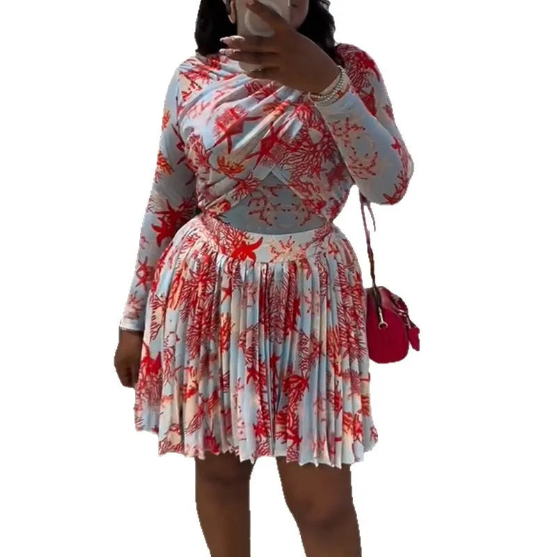 Women Clothing 2 Pieces Print Long Sleeve Shirt Top and Pleated Mini Skirt Luxury Fashion Wear Elegant Party Birthday Dress Set — image 3