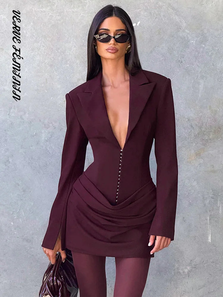 Women's Evening Dresses Deep V-neck Short Pleat Bodycon Dress Autumn 2025 Female Lapel Long Sleeves Waist Cinching New Partywear — image 4