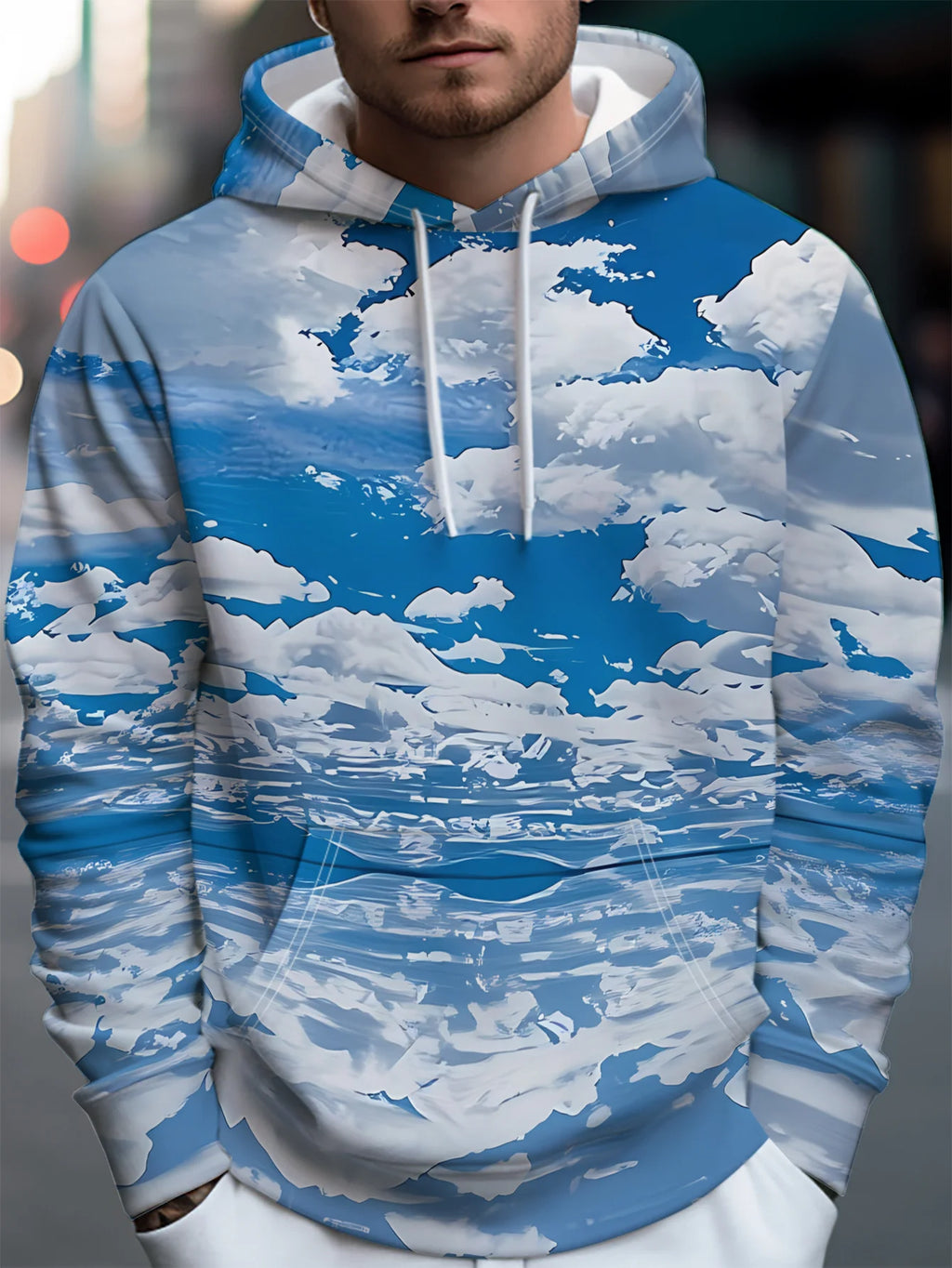 Men's Hoodie Autumn 3D Print Blue Sky White Cloud Ocean Wave Landscape Art Pullover Streetwear Casual Sweatshirt Men Clothing — image 1