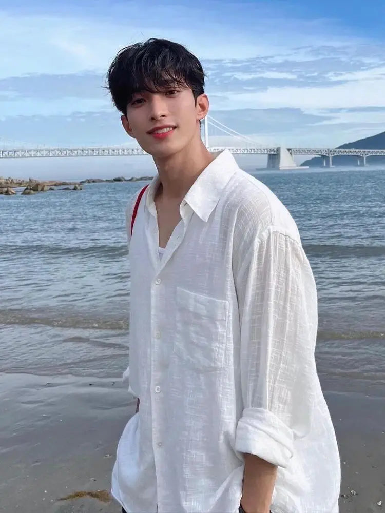 Men's Shirt Premium Thin White Loose Breathable Shirt Loose Long Sleeve Sun Protection Tees Lightweight Vacation Pockets Shirts — image 13
