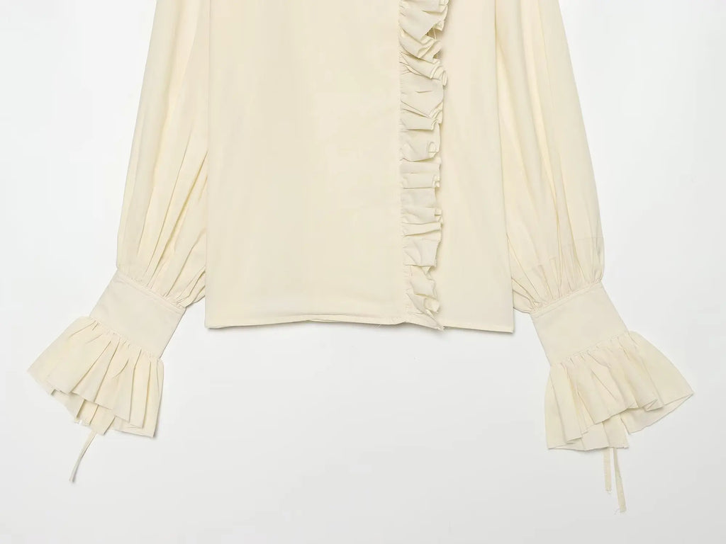 Women Elegant Vintage White Shirts Spring Summer Female Ruffles Stand Blouses Top Lady Korean Long Sleeve High Street Casual Top — image 11