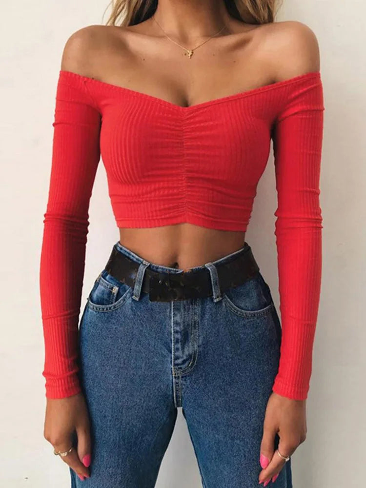 Women T-shirts sexy and club fashion female T-shirt long sleeve off shoulder solid color lady Tshirt autumn basic tees — image 1