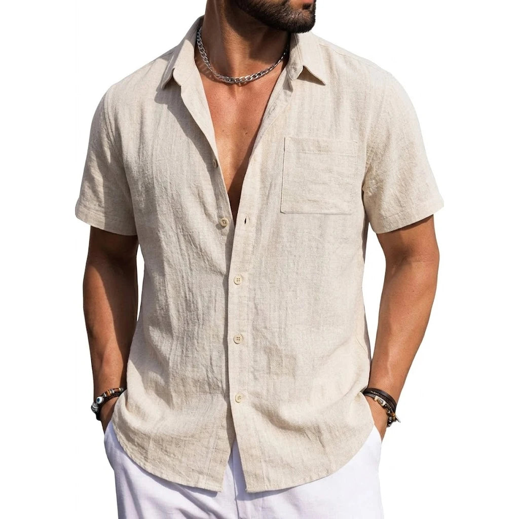 Men's Linen Shirts Short Sleeve Casual Shirts Button Down Shirt for Men Summer Beach Wedding Shirt Solid Color Hawaiian Shirt — image 3