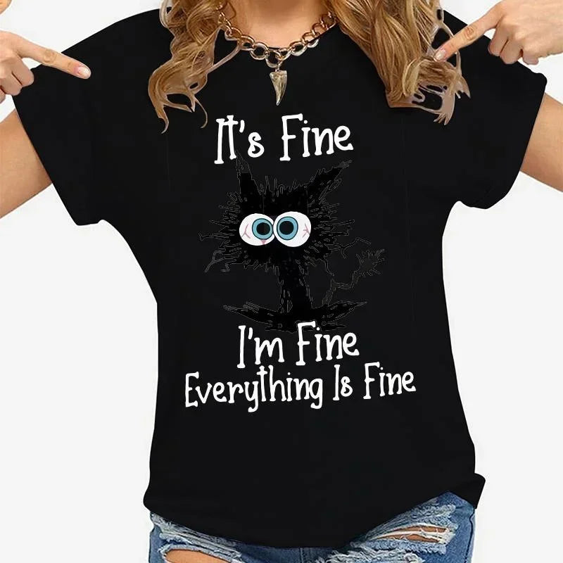 Women Clothes Cat It's Fine I'm Fine Everything Is Fine Print T-shirts Summer Casual  Fashion Personalized Woman Clothing — image 3