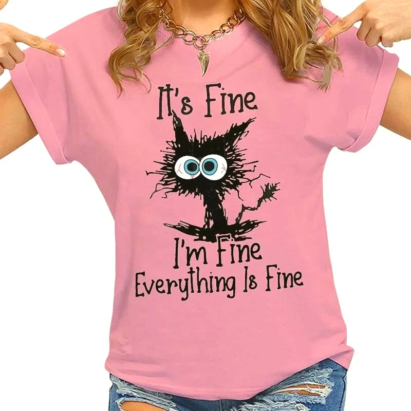Women Clothes Cat It's Fine I'm Fine Everything Is Fine Print T-shirts Summer Casual  Fashion Personalized Woman Clothing — image 5