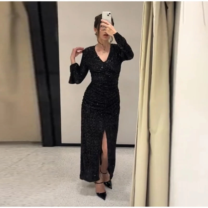 Women's Party Dress Sexy Deep V-neck Sequins Split Full Sleeve Hip Package Dressess Female 2025 Autumn Woman Evening Vestidos — image 10