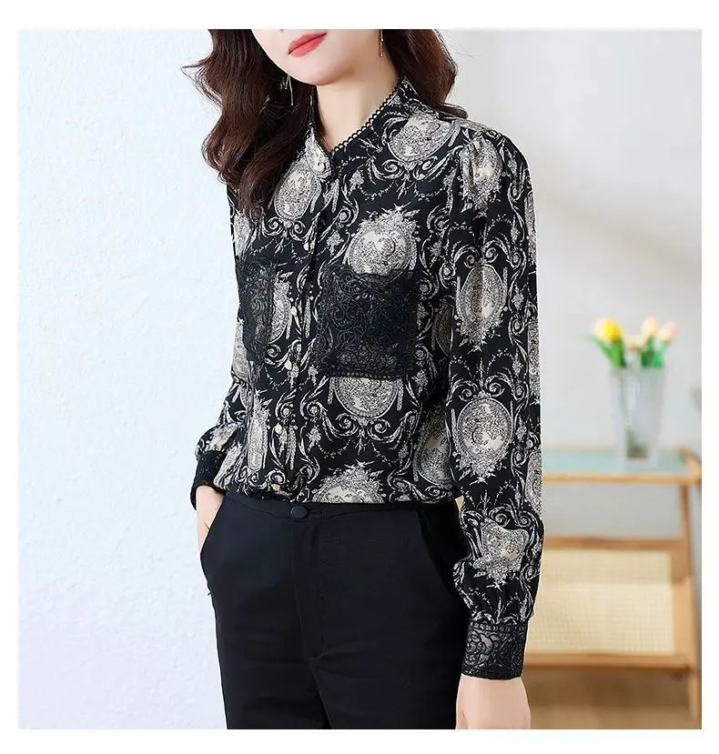 Shirts for Women in Spring Autumn New Style Printed Satin Stylish Slim Fashion Commuting Simple — image 14