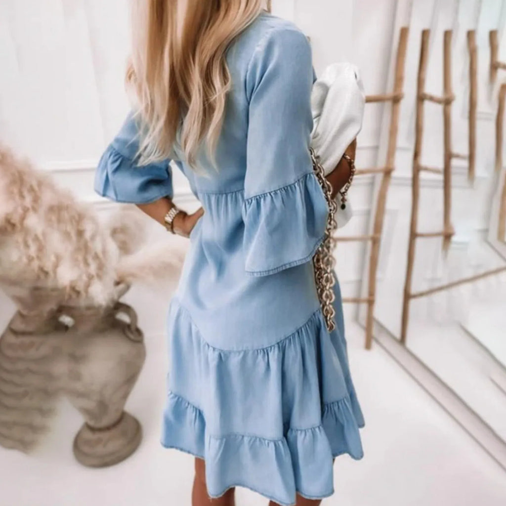 Dresses For Women 2025 Casual Women'S Solid Color Distressed Denim Midi Dress With 5/8 Sleeves Vestidos Elegantes Feminino — image 4