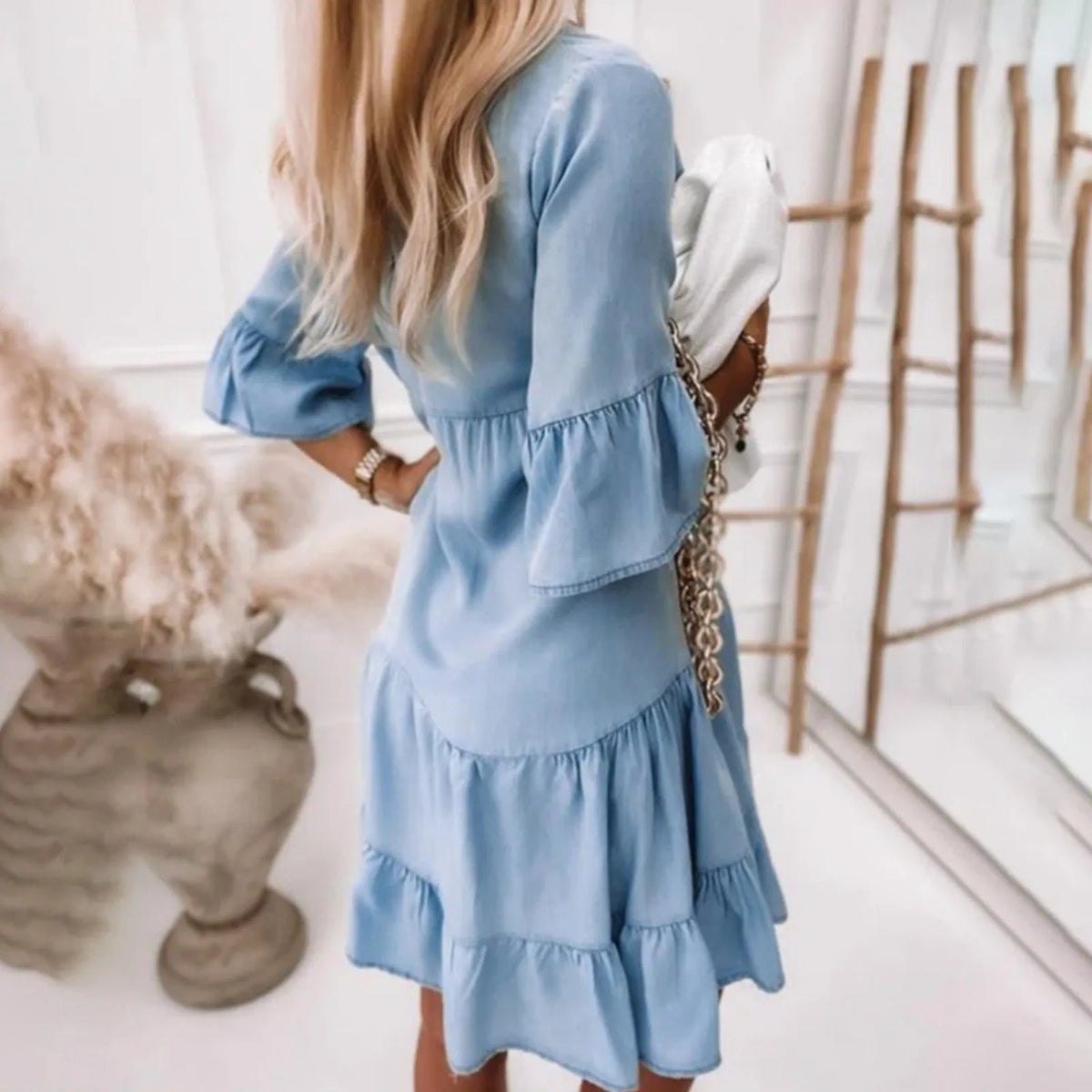 Dresses For Women 2025 Casual Women'S Solid Color Distressed Denim Midi Dress With 5/8 Sleeves Vestidos Elegantes Feminino — image 4