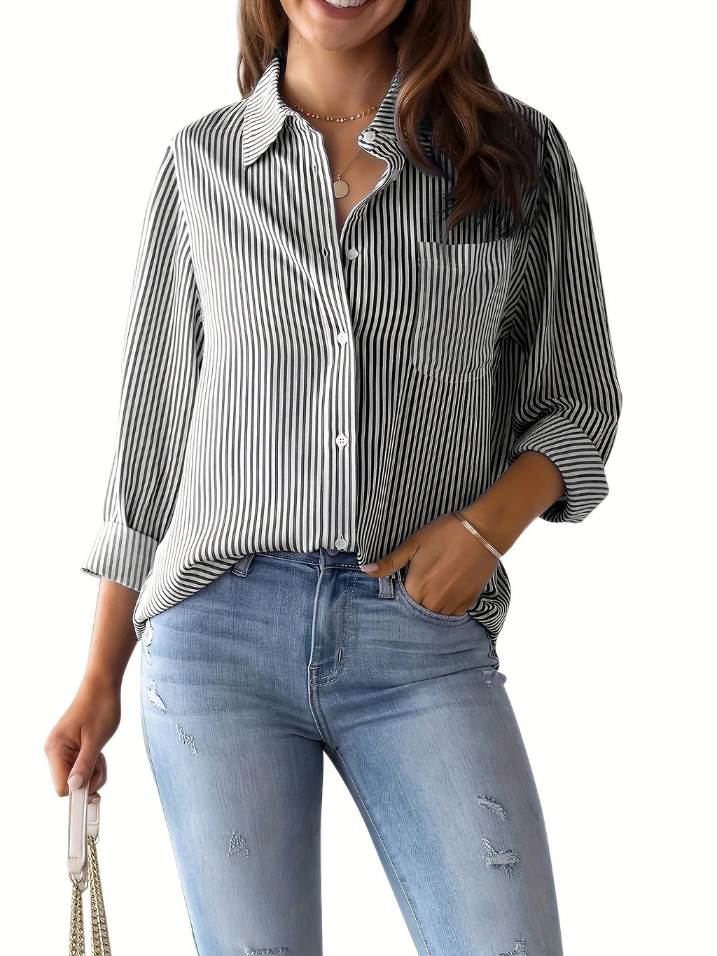 Women's Plus Size Shirt - Fashionable, Elegant, Commuter Bestseller, Classic Striped Top, Loose and Casual Long Sleeve Shirt — image 3