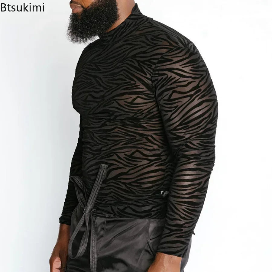 Men's T Shirt Perspective Turtleneck Long-sleeved Lace Tight Fitting T-shirt for Men Streetwear Bottoming Shirt Inside Male Tops — image 4